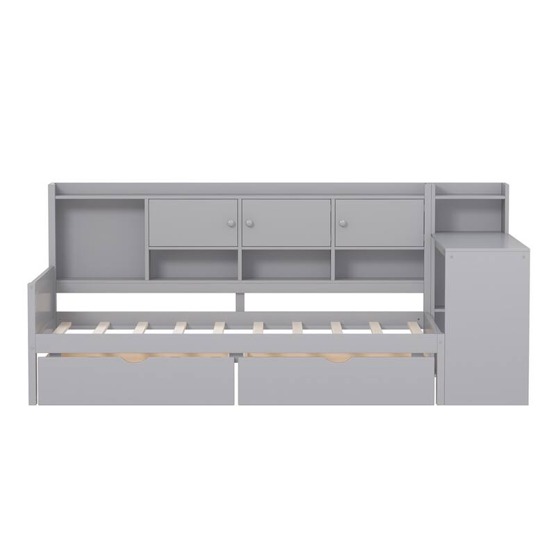 Twin Size Daybed w/Storage 3 Cabinets & 2 Drawers,L-Shape Daybed Frame