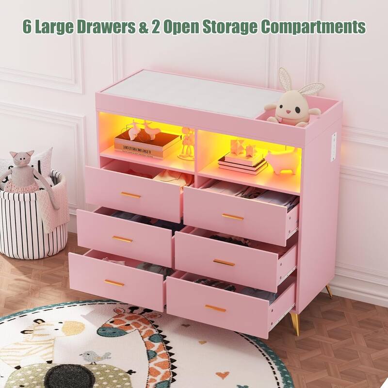 Dresser for Bedroom with LED Lights and Power Outlet, Dresser with 6 Drawers