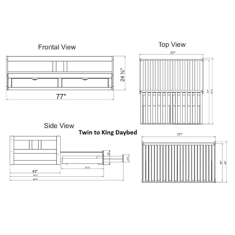 Melody Expandable Twin-to-King Trundle Daybed with 2 Storage Drawers