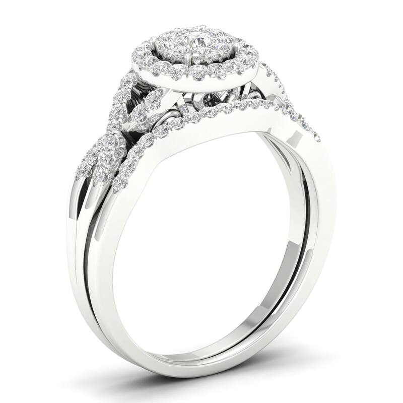 De Couer 10k Gold 3/8Ct TDW Diamond Halo Twist Shank Bridal Ring Set