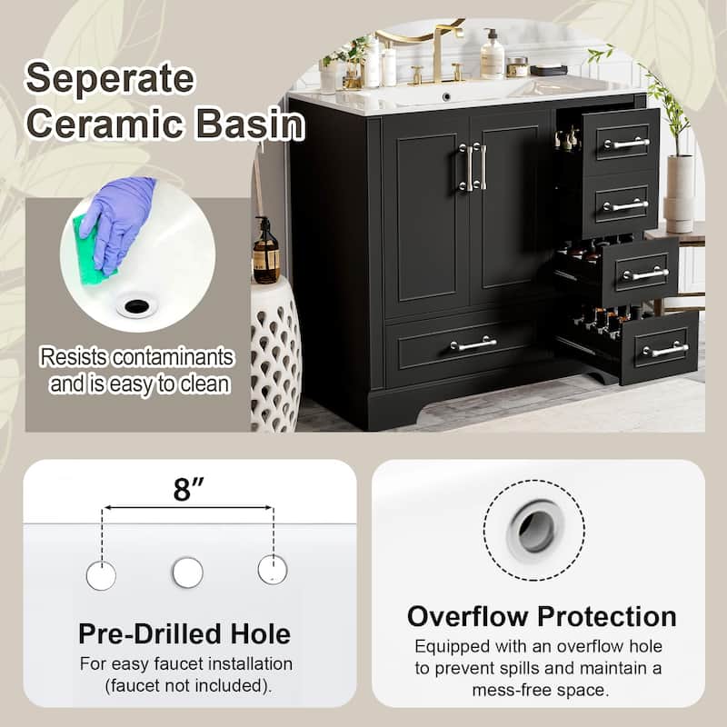 36" Traditional Bathroom Vanity with Ceramics Sink and 4 Drawers