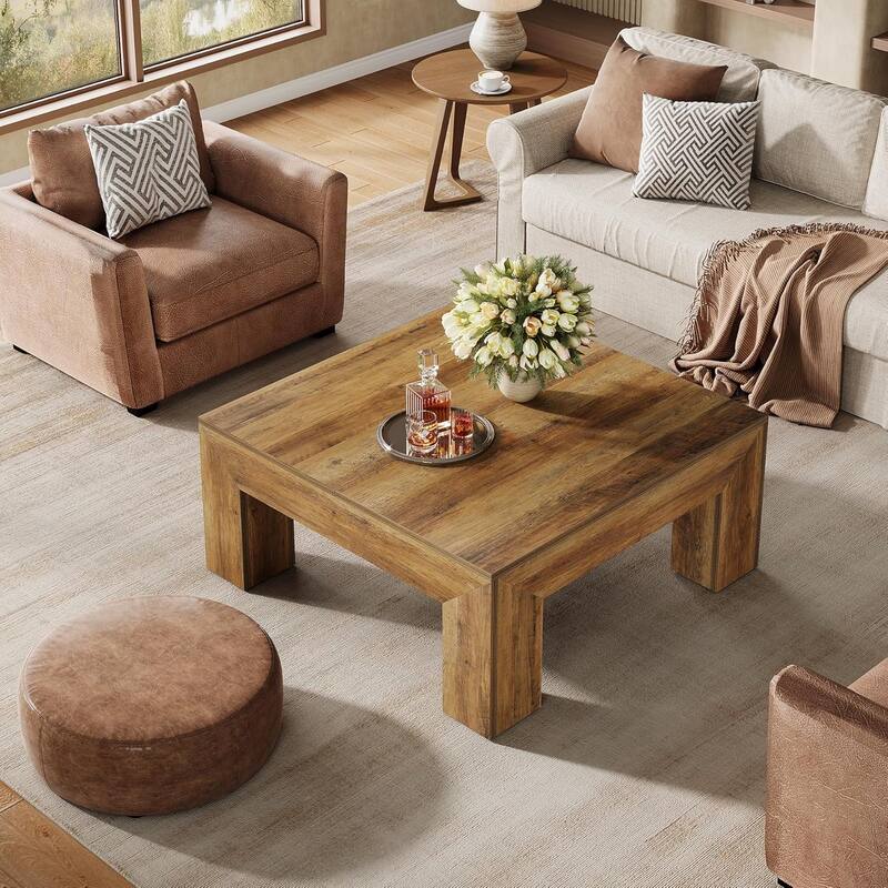 39.4" Square Coffee Table for Living Room, Farmhouse Center Cocktail Table (MDF) - 39.4" L x 39.4" W x 19.7" H