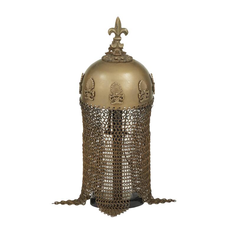 Metal Replica Medieval Ottoman Islamic Helmet with Black Wood Stand and Chainmail - Brass - Roche River Decor