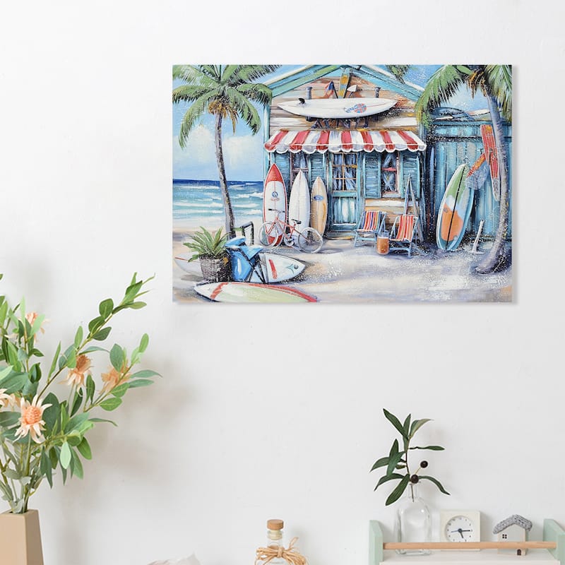 Blue Beach House Surfboard Coconut Tree Ocean Wall Art-Coastal Tropical Landscape Mural Print - Blue