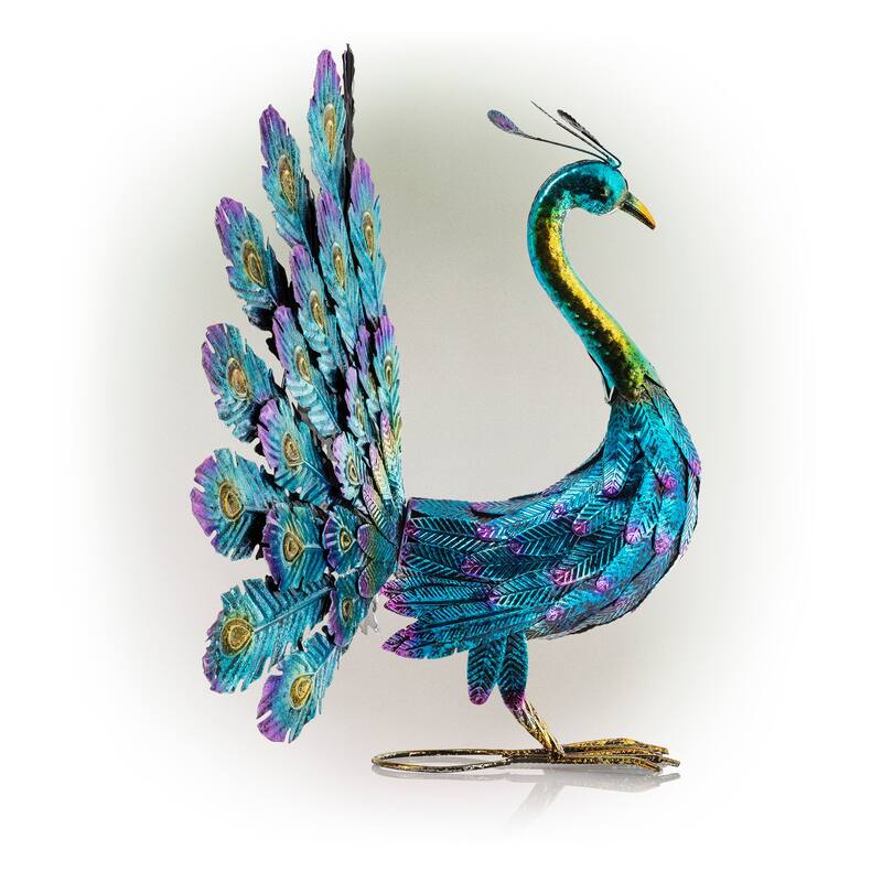 Alpine Corporation 23" Tall Outdoor Metallic Peacock Tail Spread Yard Statue Decoration, Multicolor