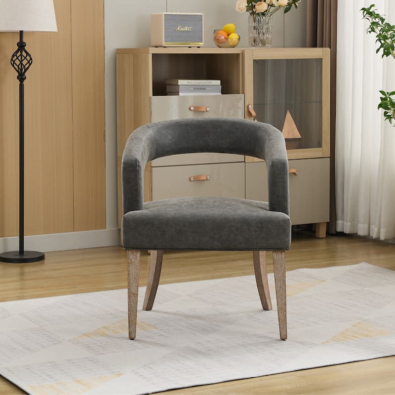Wide Modern Barrel Open Back Upholstered Accent Chair with Weathered Solid Wood Legs Dining Chairs