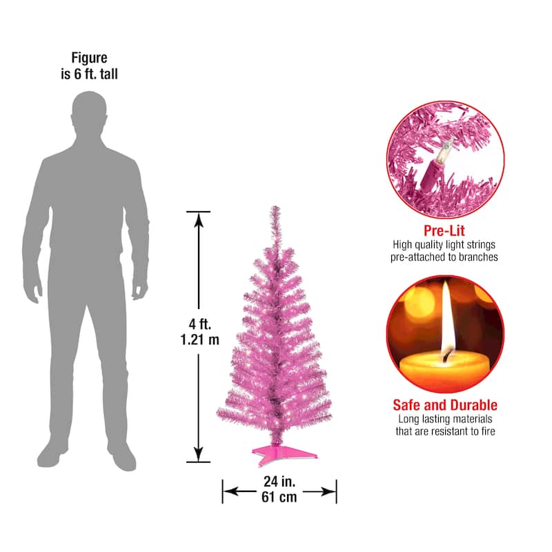 National Tree Company 4 ft. Tinsel Tree - Pink, with Clear Lights - 4 Foot