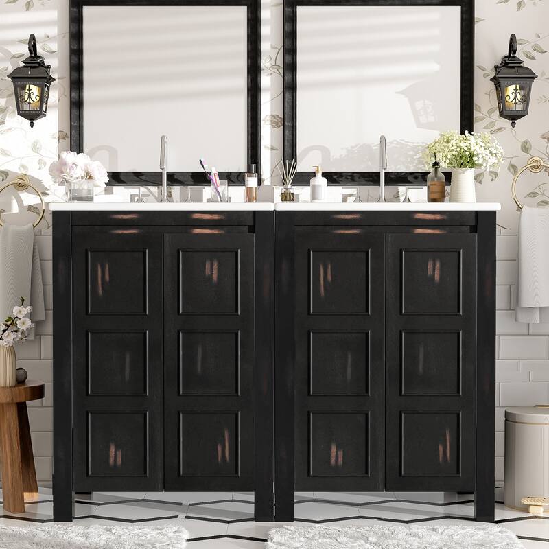 48" Classic Double Vanity Bathroom Set – Features Separate Vanities, Dual Ceramic Sinks, Storage Shelf, and Soft-Close Doors‌
