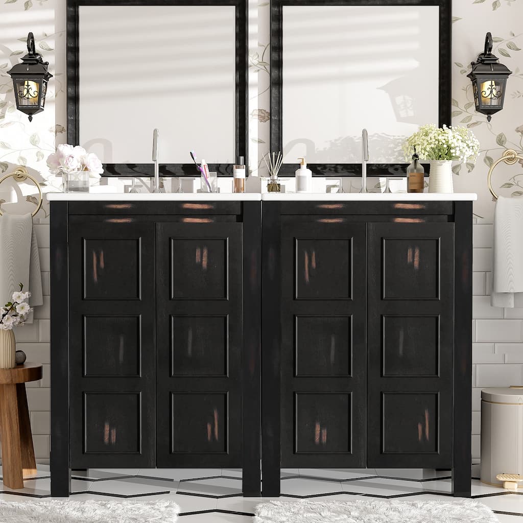 Freestanding Bathroom Vanity Set of 2, Weathered Texture Storage Cabinets with Ceramic Sinks, Storage Shelf and Soft Close Doors