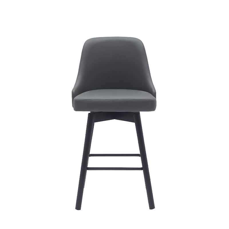 Faux Leather Swivel Bar Chair with Solid Wood Base and Footrest - Grey-Black-26-Inch