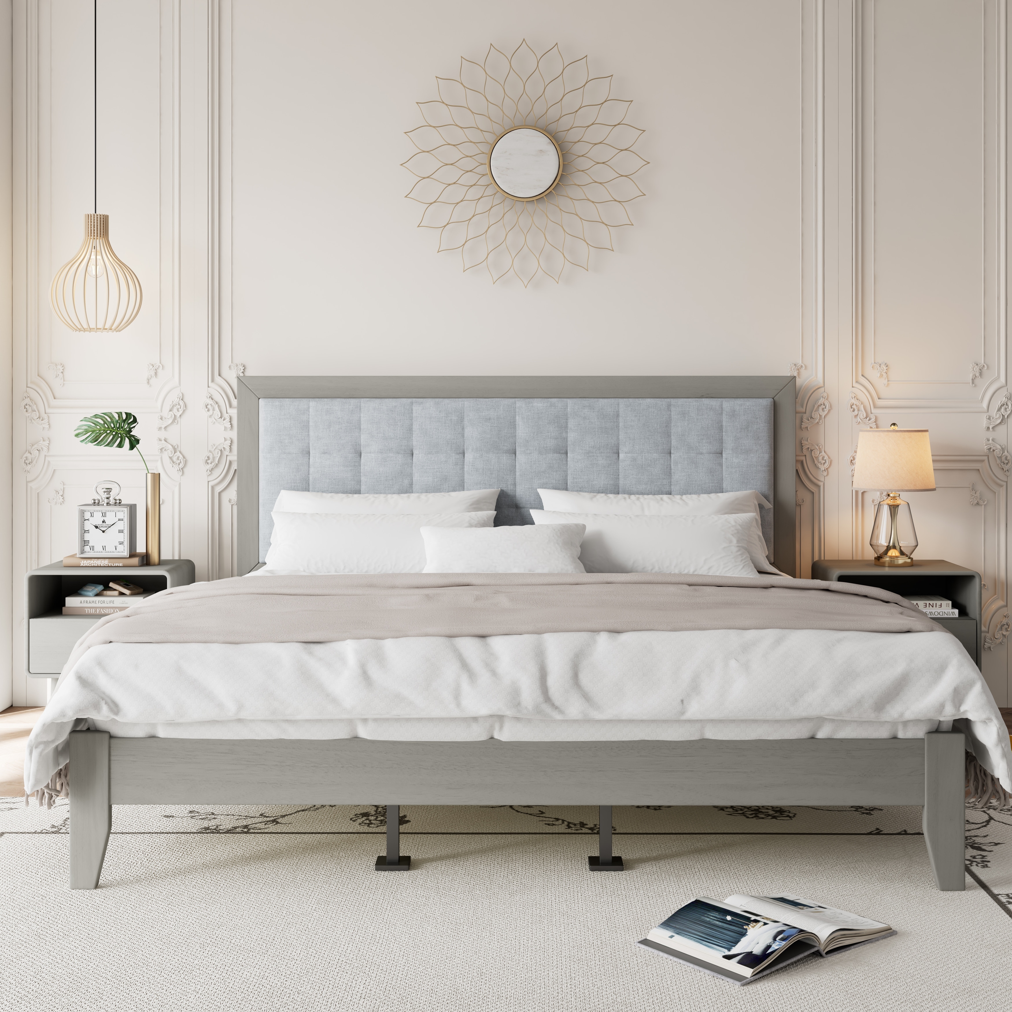 Solid Wood Platform Bed California King Tufted Headboard Mid Century Grey