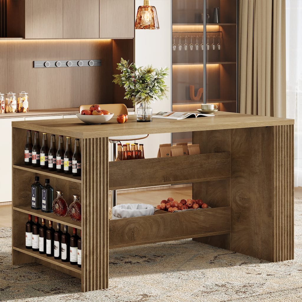 59 Inch Long Bar Table with Storage Shelves, Farmhouse Counter Height Bar Unit for Home / Kitchen / Dining Room