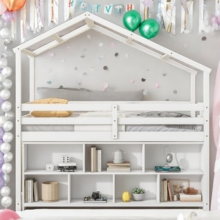 House Design Twin Size Loft Bed with Shelving Storage, White