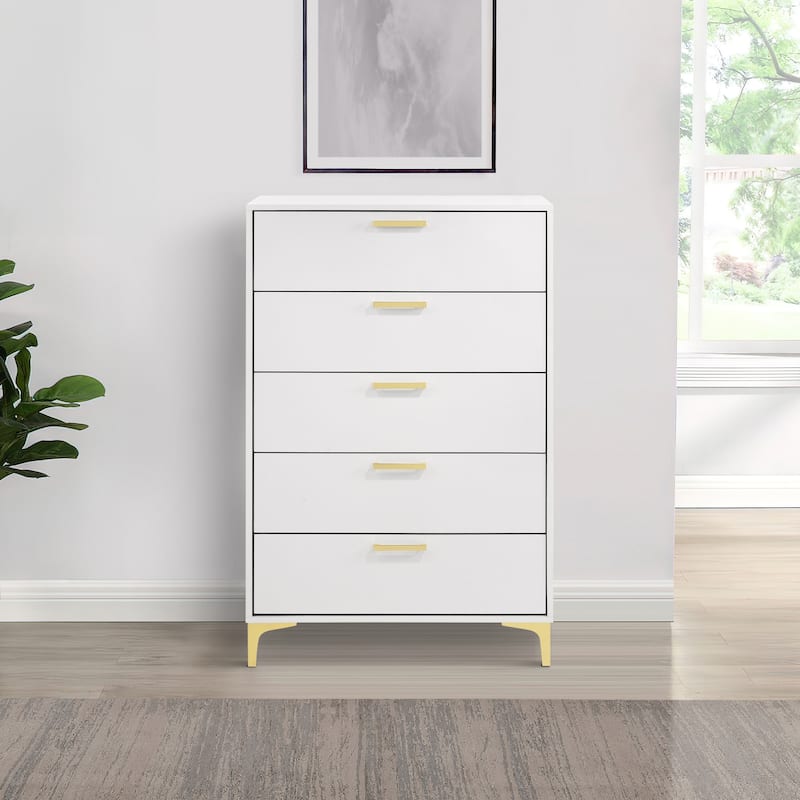 Lif 50 Inch Modern 5 Drawer Tall Dresser Chest, Gold Accents, Smooth White