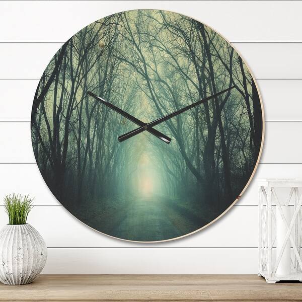 slide 2 of 9, Designart 'Fall Forest Path with Green Light' Oversized Traditional Wall CLock