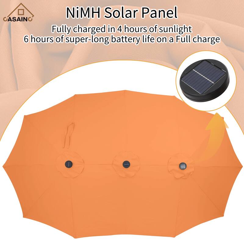 15 ft. Crank Double-sided Solar LED Ultra Lighted Outdoor Market Umbrella with Base Included