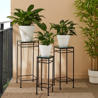 Glitzhome Set of 3 Sqaure Metal Planter Stands Flower Racks with Green Pattern Ceramic Tiles Table Top