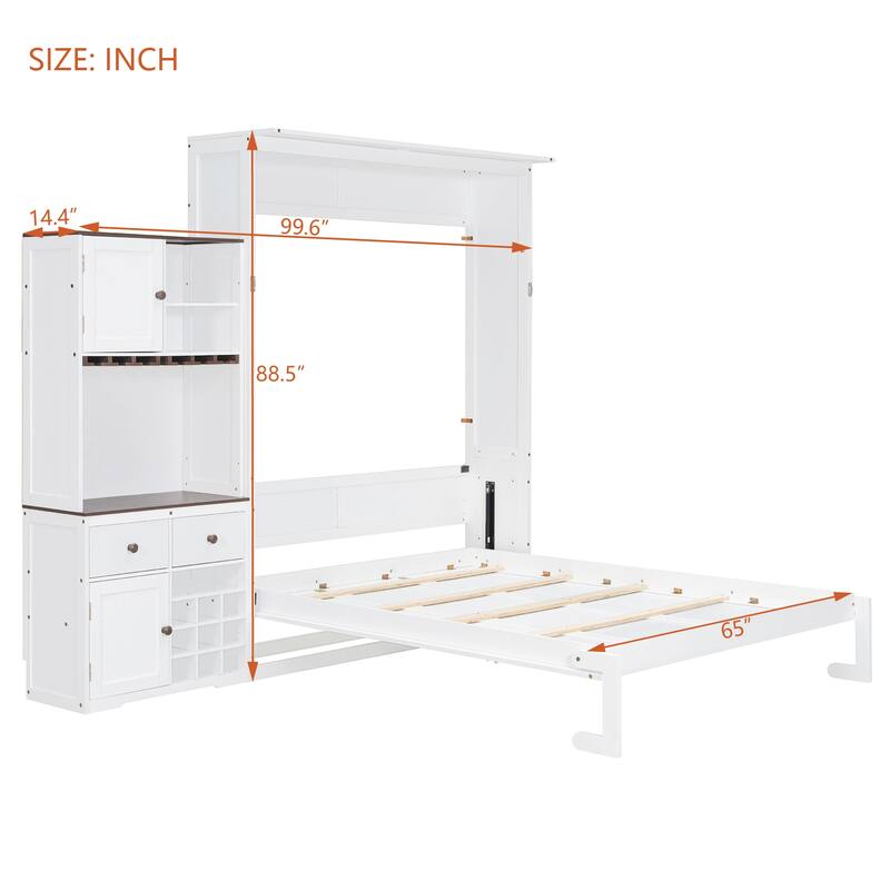 Queen Murphy Bed with Storage Cabinet, Wine Rack, LED Lighting & Drawers, White