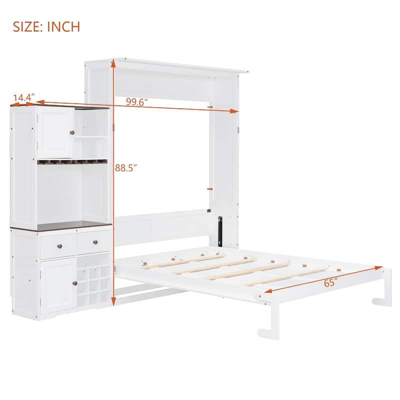 Queen Murphy Bed with Storage Cabinet, Wine Rack & Glass Holder, Multicolor LED, Drawers, 600 lb Capacity, 6-8 in Mattress