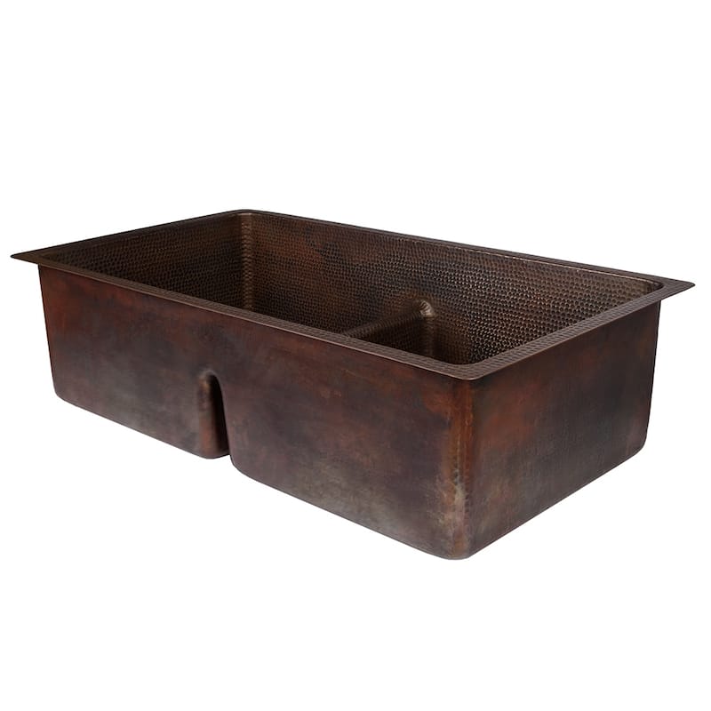 33-in Hammered Copper Kitchen 50/50 Double Basin Sink with Short 5-in Divider w/ Accessories (KSP3_K50DB33199-SD5)