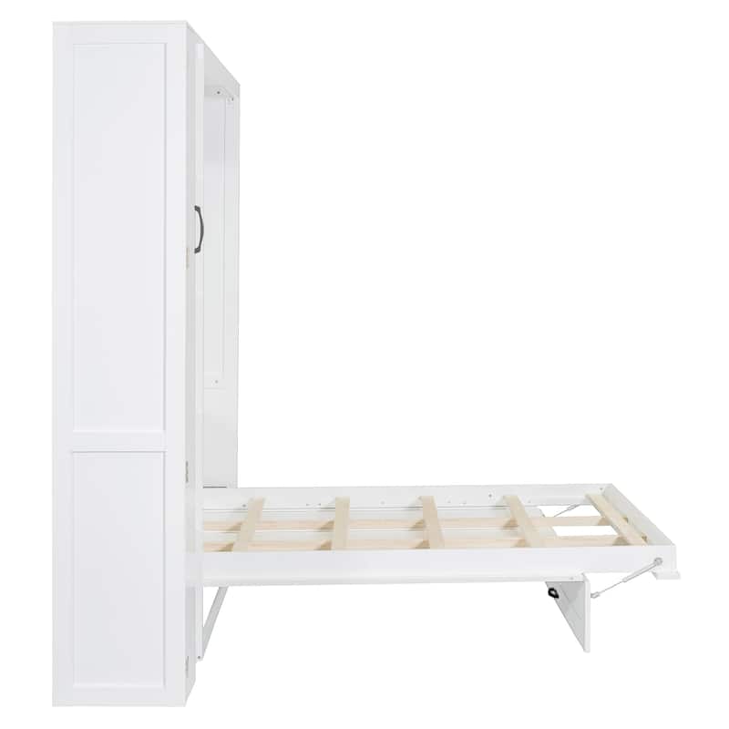 Space-Saving White Murphy Bed with Shelves, Wardrobe & LED Lights - Full Size