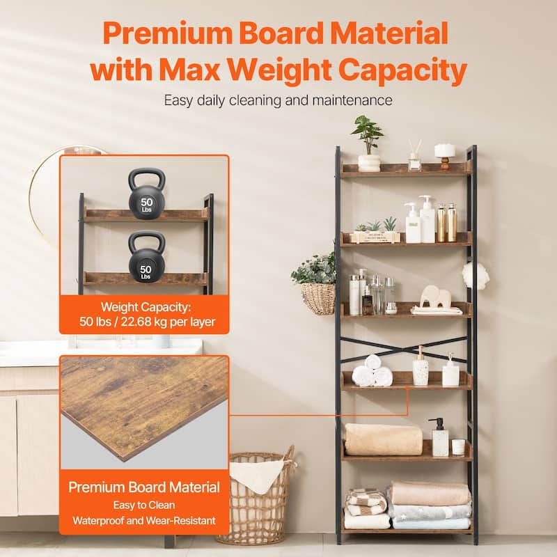 6-Tier Rustic Bookshelf with Black Metal Frame and Open Storage Space Perfect for Any Room - 25.59" x 11.81" x 69.29"