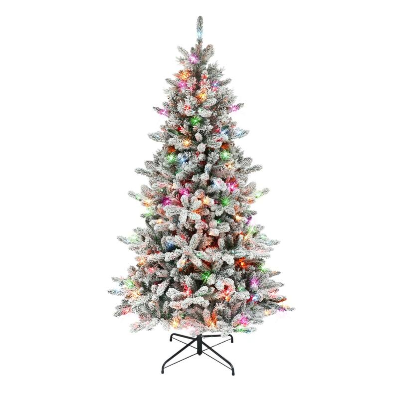 6.5' Flocked ‎Bennington Fir Artificial Christmas Tree Multi Color Lights - 6.5 Foot