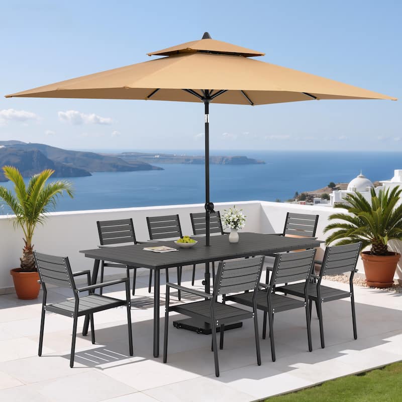 11PC Outdoor Patio Dining Set Aluminum Table with Stackable Armchairs w/ Premium Market Umbrella Sets - GreyTable&GreyChairs&TanUmbrella