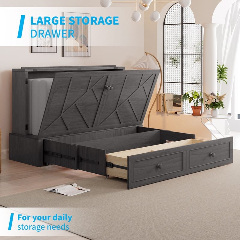 Mixoy Modern Queen Murphy Bed Chest with Foldable Mattress and USB ports