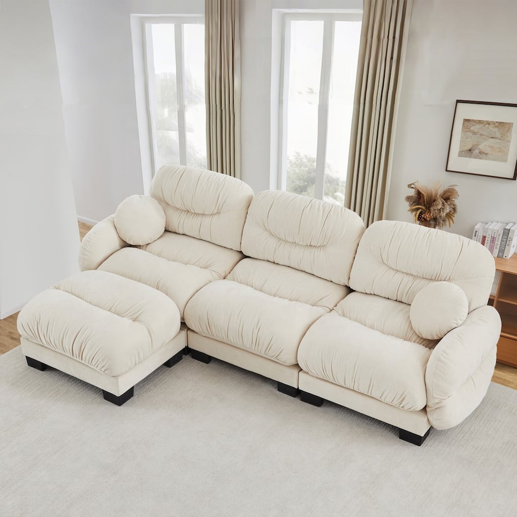116" Chenille Pleated Design Sectional Sofa with Ottoman and 2 Round Pillows