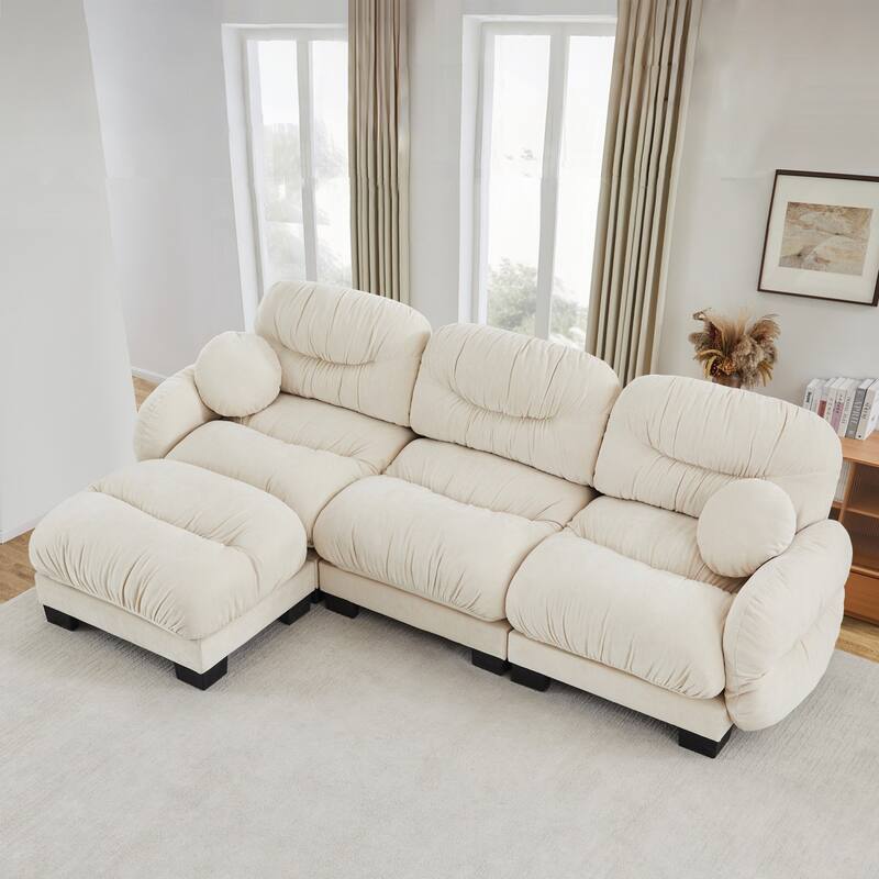 116" Chenille Pleated Design Sectional Sofa with Ottoman and 2 Round Pillows - Beige