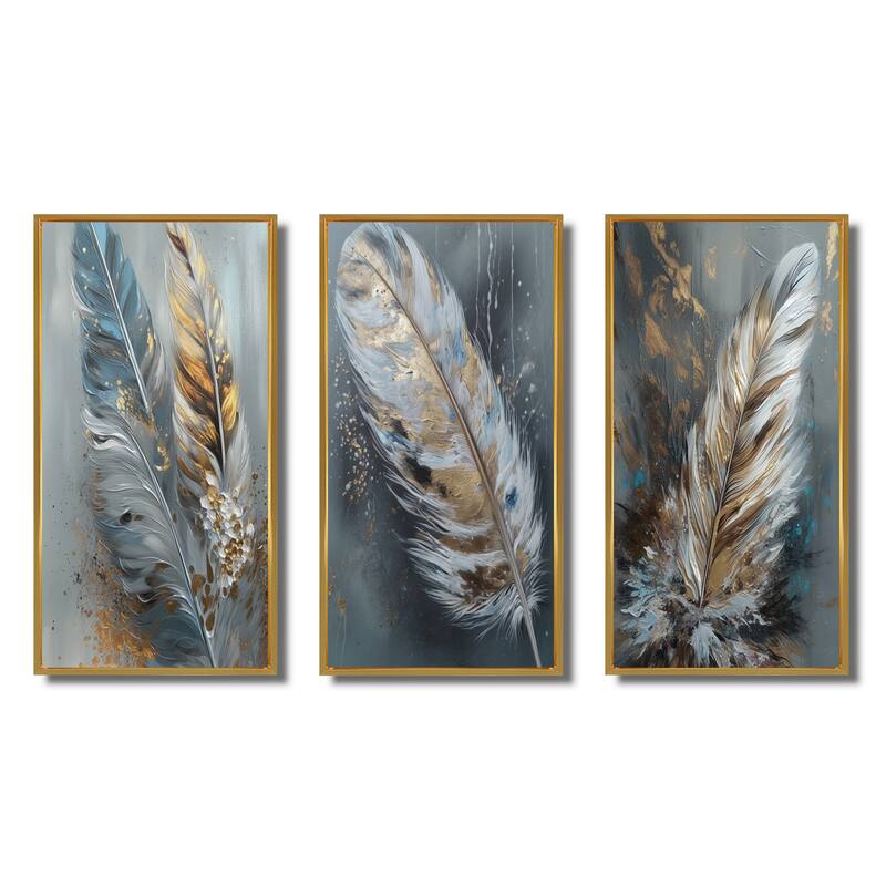 Designart "Gold Feather Wanderlust III" Glam Feather Framed Wall Art Set Of 3 Frame Gallery Set For Office Decor