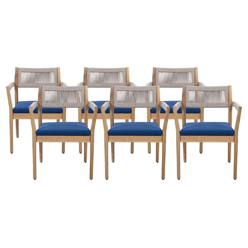 Braided Acacia Wood Outdoor Dining Table and Chairs Set of 6, All-Weather Patio Furniture for Garden, Poolside, and Backyard