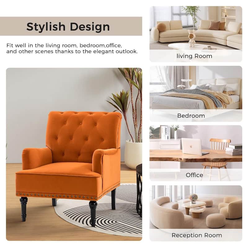 Geltrude Transitional Upholstered Button Tufted Club Chair with turned wooden Legs by HULALA HOME