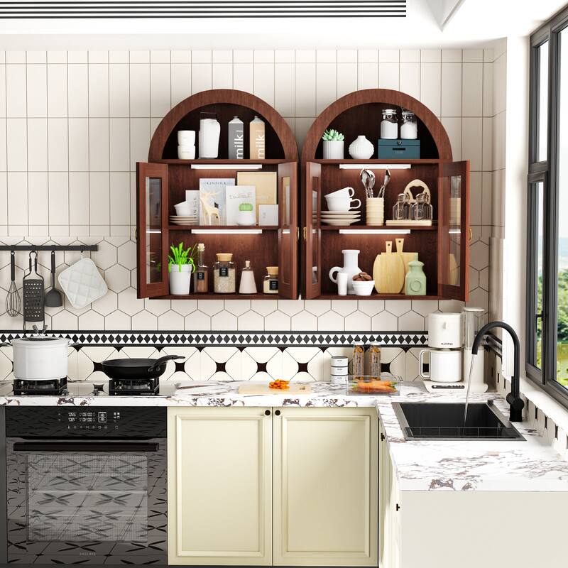 Wall Mounted Arched Cabinet with Glass Doors, Light and Adjustable Shelves for Laundry Room, Bathroom, Kitchen
