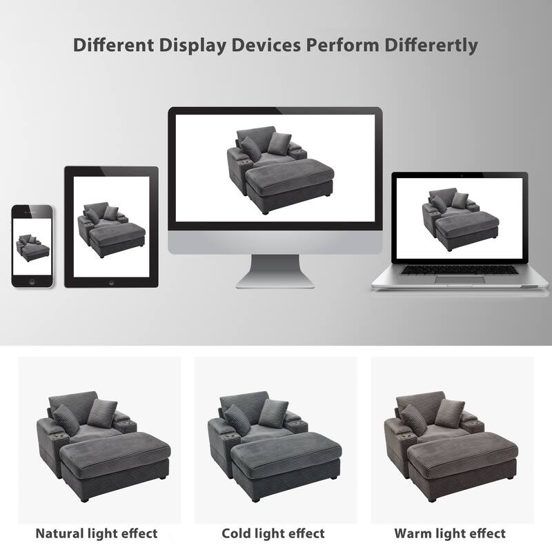 Corduroy Sofa Sets with Ottoman, Handrail Storage and Cup Holders