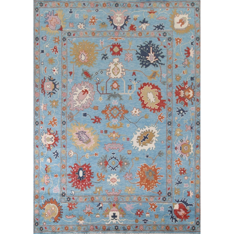Blue Floral Oushak Area Rug Handmade Oriental Wool Carpet - 8'10"x 11'9"