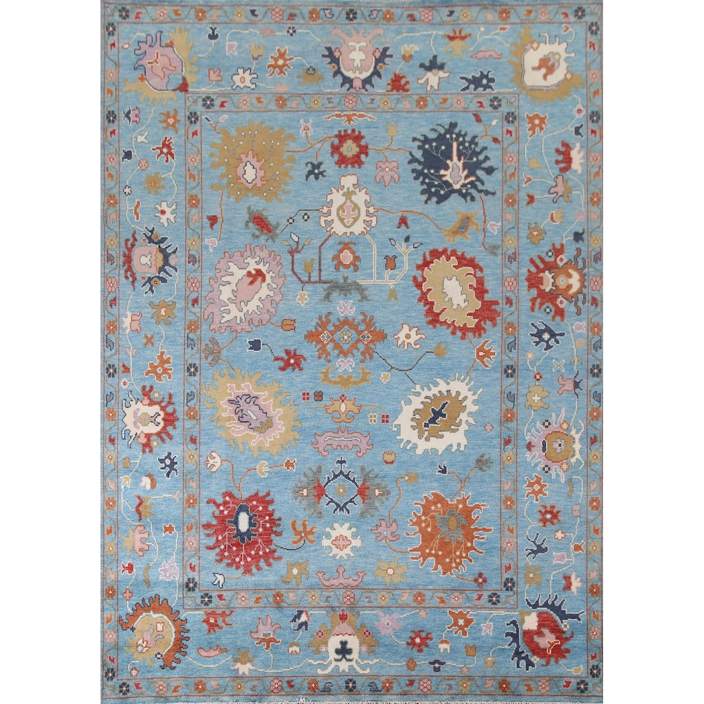 Blue Floral Oushak Area Rug Handmade Oriental Wool Carpet - 8'10"x 11'9"