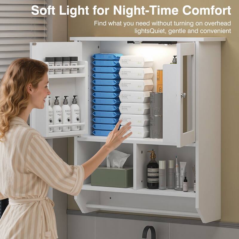 VECELO White Double Door LED Mirror Medicine Cabinet with Adjustable Shelves Tempered Glass Wall Mounted Bathroom Cabinet