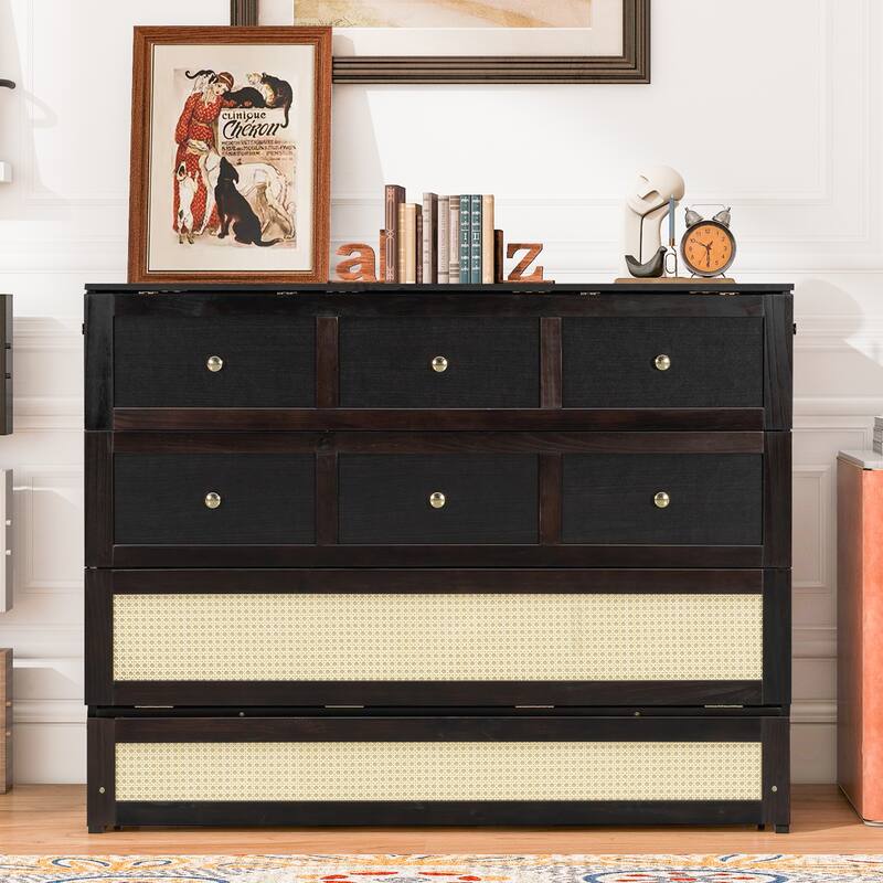 Rattan Weaving Accents Murphy Bed Full Size Foldable Wall Cabinet Bed with Underbed Storage Drawers and Golden Handles - Espresso - Full