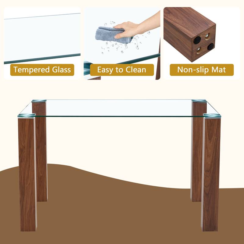5-Piece Dining Set for 4, Rectangular Glass Table & 4 Chairs wtih Wood Legs, Kitchen Table & Chairs Set for Small Spaces