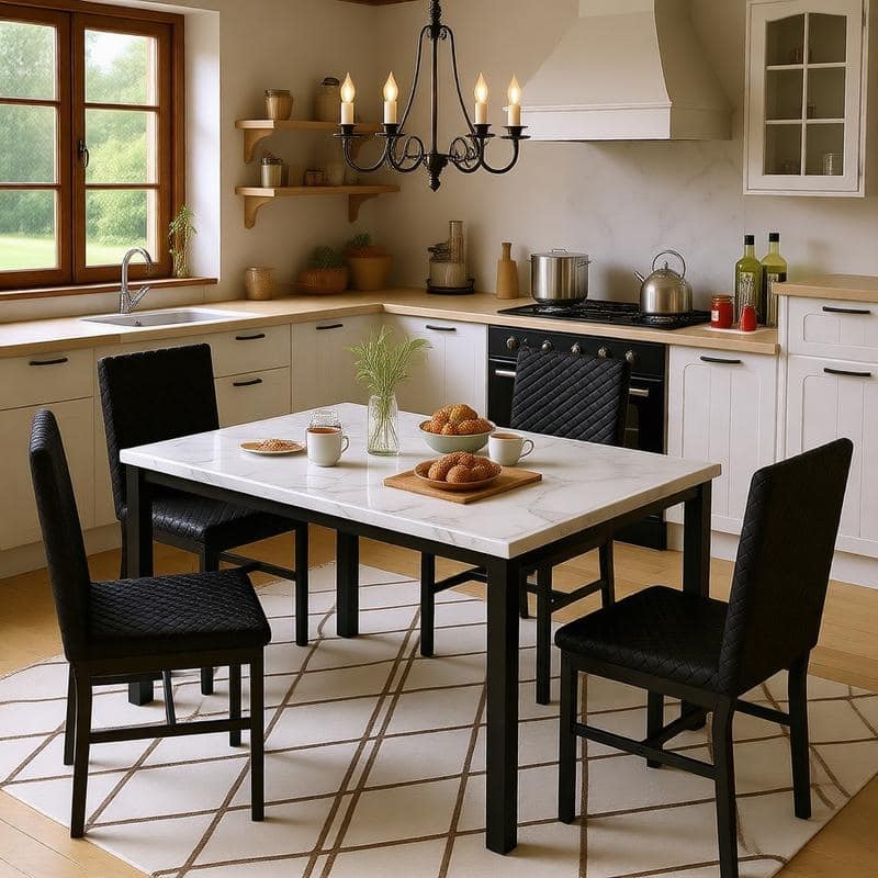 Grondin 5-Piece Dining Room Table Set with Faux Marble Table Top and Diamond Stitching Velvet Upholstery Dining Chairs