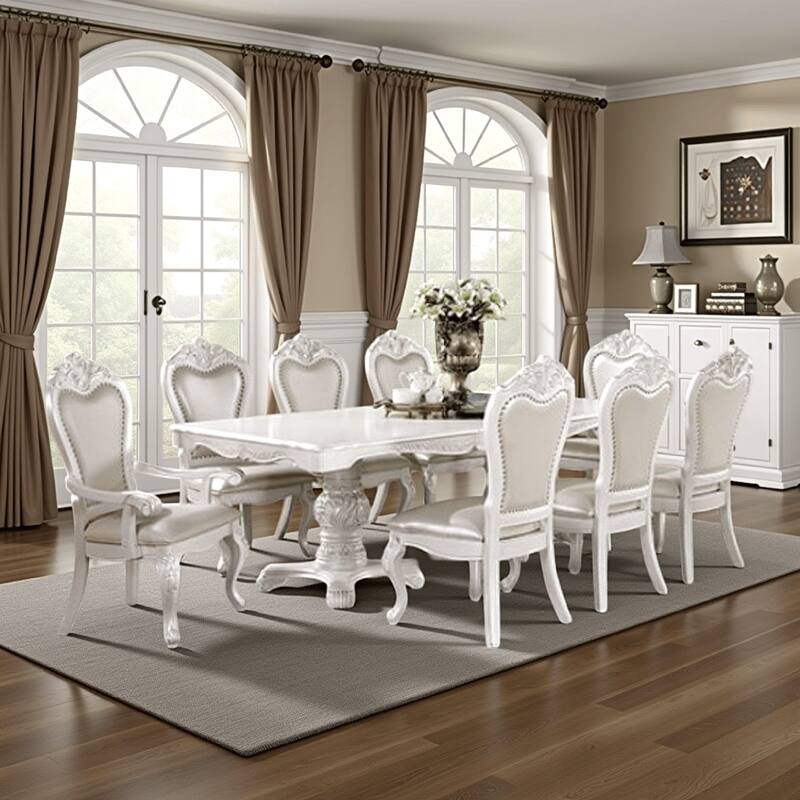 Zenie Dining Table, Extension Leaf, 77-95 Inch, Classic White Solid Wood