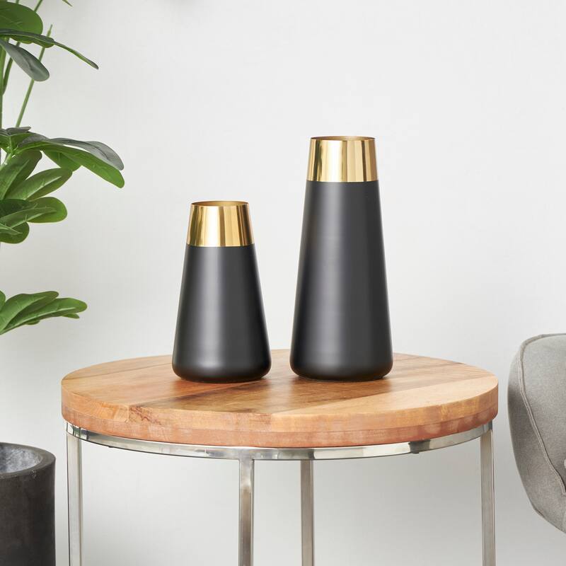 Stainless Steel Metal Vase with Gold Rims - Set of 2 Black - Roche River Decor - 5"W x 5"L x 11"H