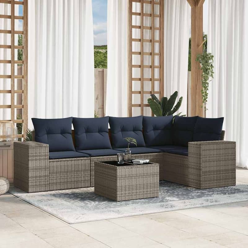 vidaXL 5/6 Piece Patio Sofa Set with Cushions Gray/Brown/Black Poly Rattan - 24.4" x 24.4" x 27.2" - Grey and blue With table