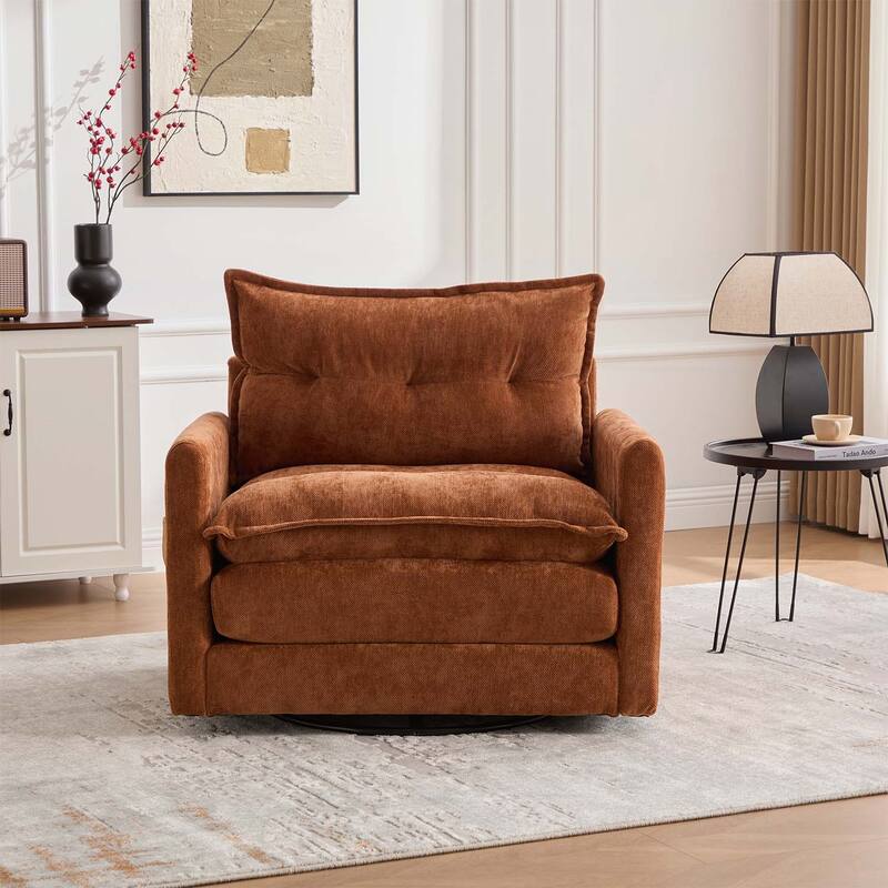 Mid Century Swivel Barrel Chair with Thick Padded Seat - Brown