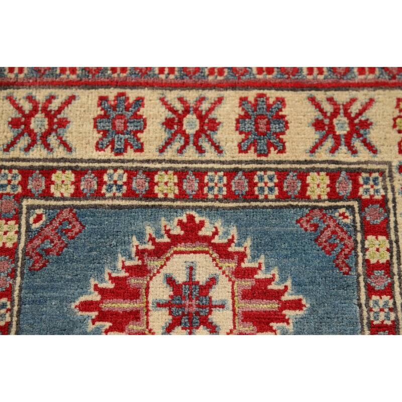 Hand Knotted Oriental 100% Wool Carpet Traditional Geometric Navy Blue & Blues Kazak Area Rug - 3' 1'' X 2' 0''