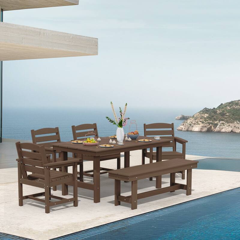 6-Piece HDPE Outdoor Dining Table Sets with Umbrella Hole - 1-Table 4-Chairs-1-Bench