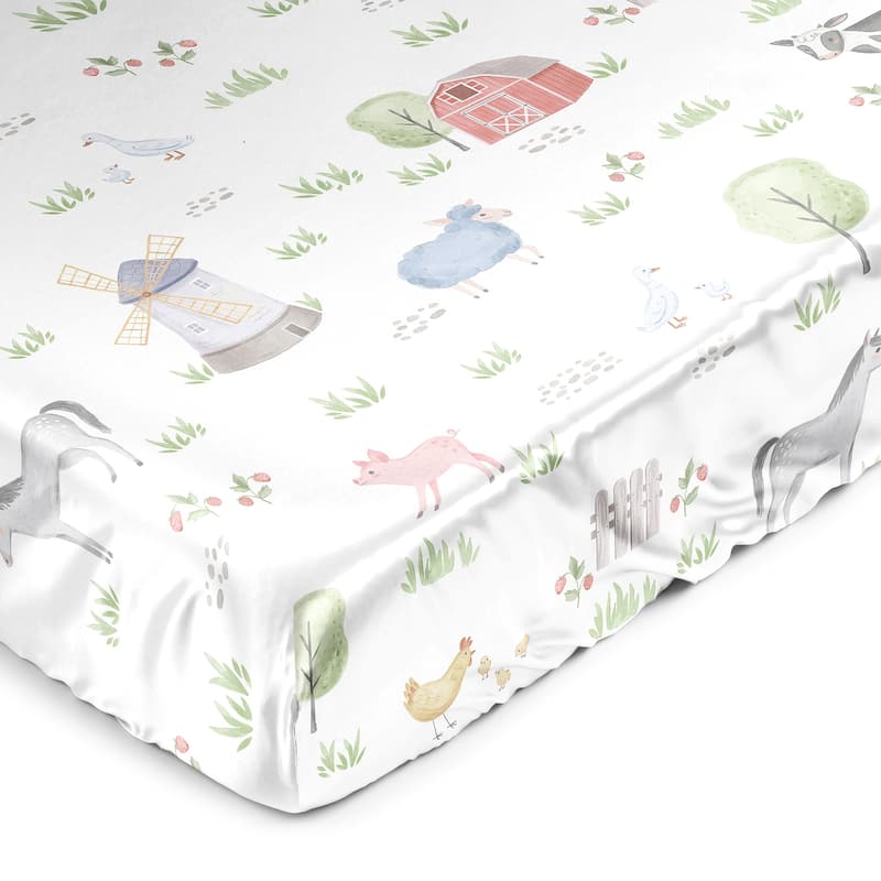 Sweet Jojo Designs Farm Animals Boy Girl Gender Neutral Satin Fitted Crib Sheet Watercolor Farmhouse Horse Cow Sheep Pig Chicken