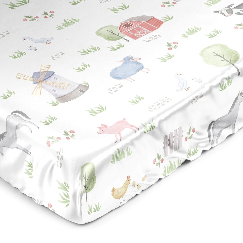 Sweet Jojo Designs Farm Animals Boy Girl Gender Neutral Satin Fitted Crib Sheet Watercolor Farmhouse Horse Cow Sheep Pig Chicken